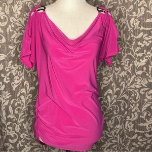 TRADITION Pink Draped Neckline Ruched Cut-Out Sleeves Top S/P